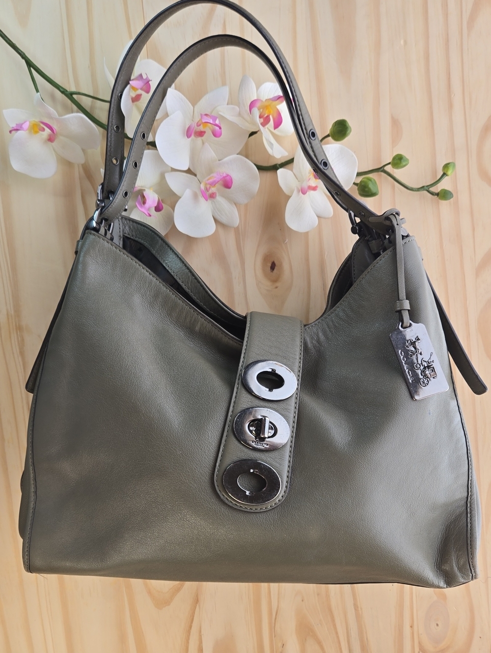 Coach Olive Green Leather Shoulder Bag with Silver Hardware